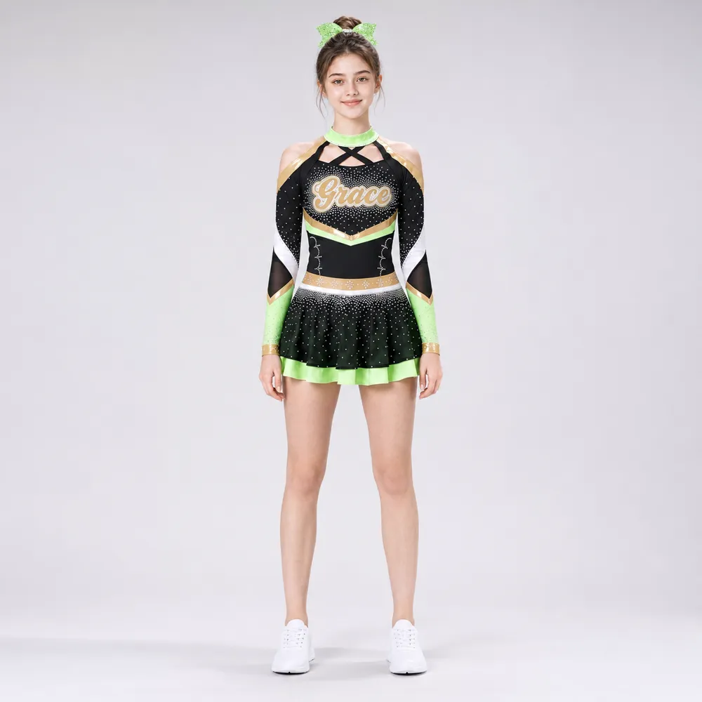 Kids Black Green Gold Rhinestone Cheer Uniform Long Sleeve Mesh Dress Team Competition Performance Wear