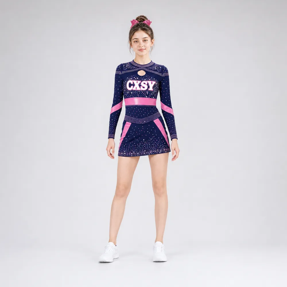 Kids Navy Pink Rhinestone Cheer Uniform Long Sleeve Cutout Dress Team Competition Performance Wear