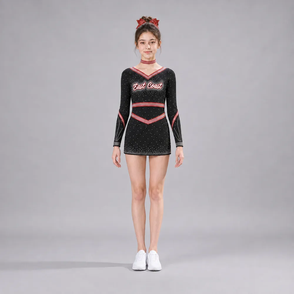 Kids Black Red Rhinestone Cheerleading Uniform Long Sleeve Dress Team Competition Performance Wear