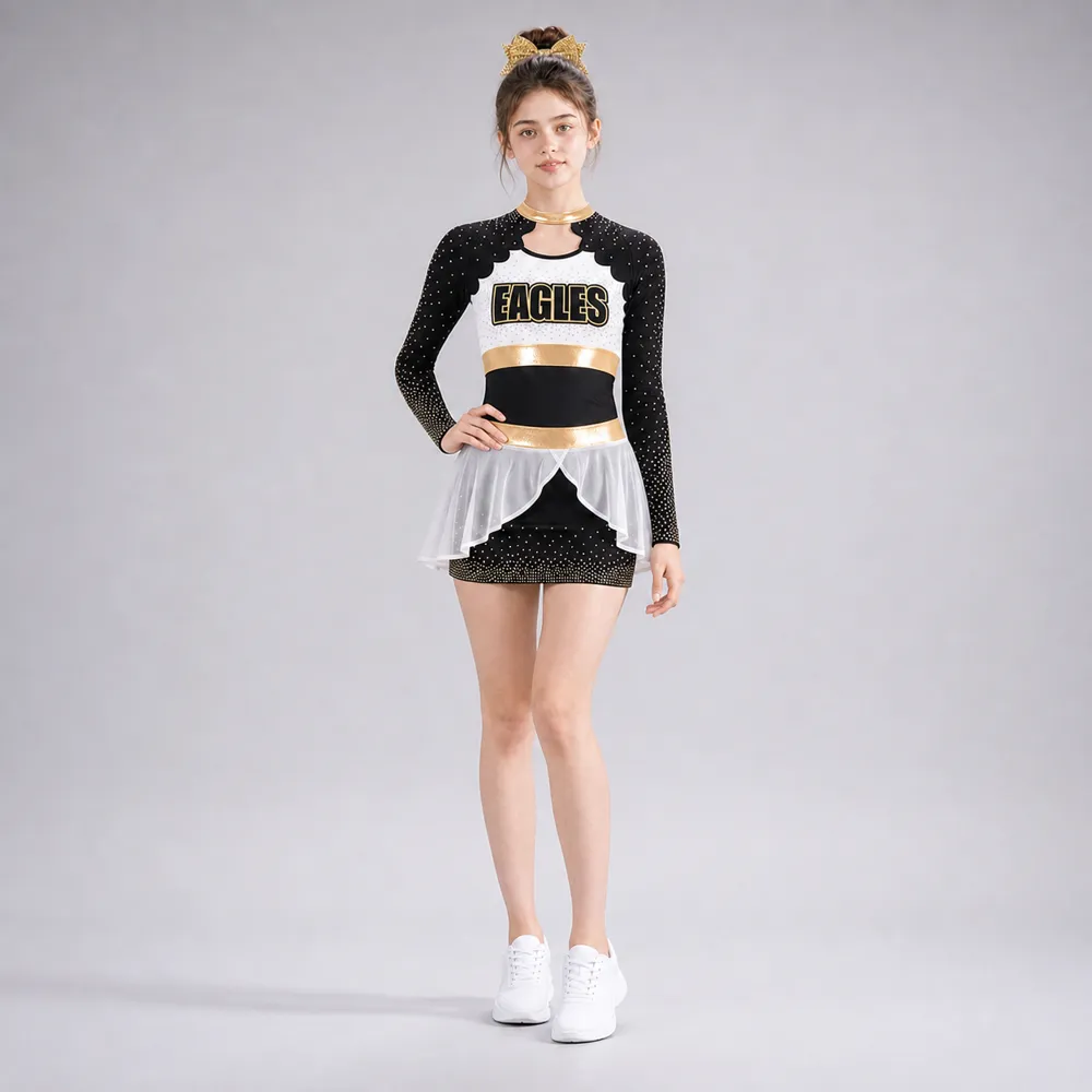 Kids Black Gold White Rhinestone Cheerleading Uniform Long Sleeve Cutout Dress Team Competition Wear