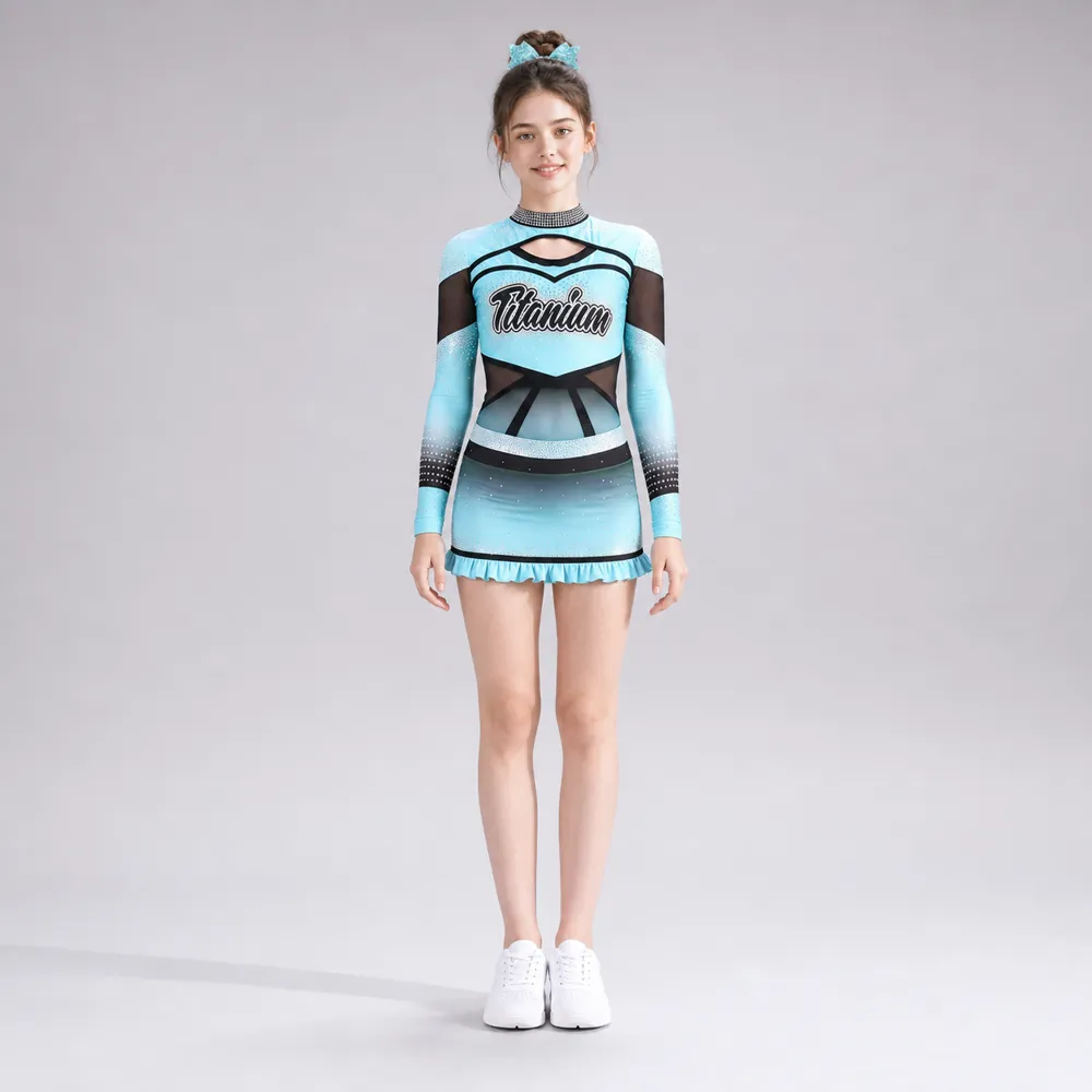 Kids Aqua Black Rhinestone Cheerleading Uniform Long Sleeve Mesh Dress Bulk Team Competition Performance Wear Set