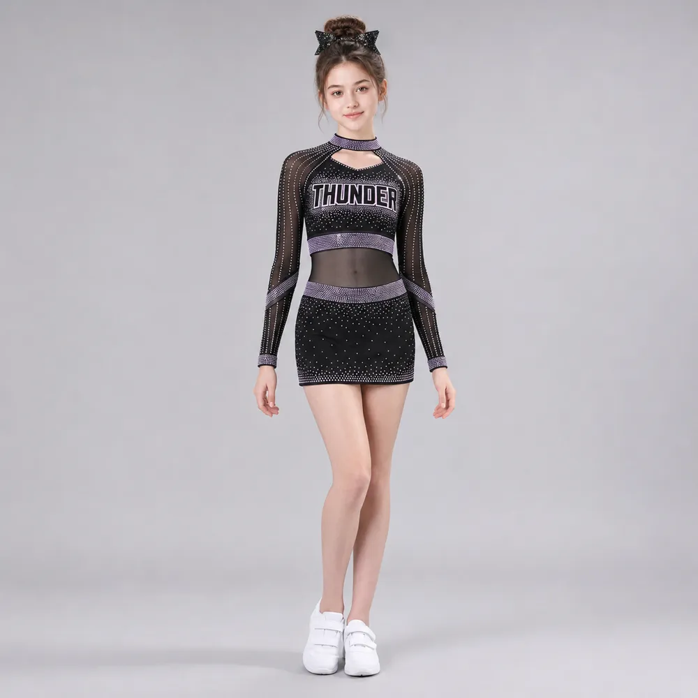 Kids Black Purple Rhinestone Cheerleading Uniform Long Sleeve Mesh Crop Top Skirt Team Performance Wear