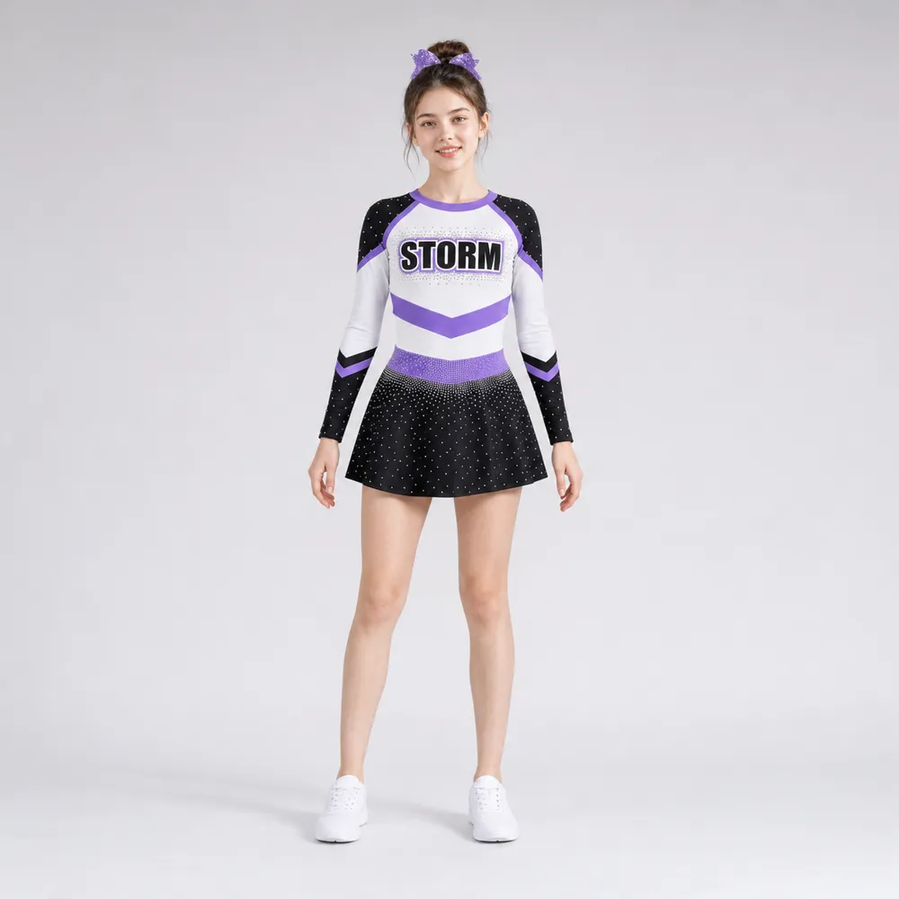Kids Black Purple Rhinestone Cheerleading Uniform Long Sleeve Dress Team Competition Performance Wear