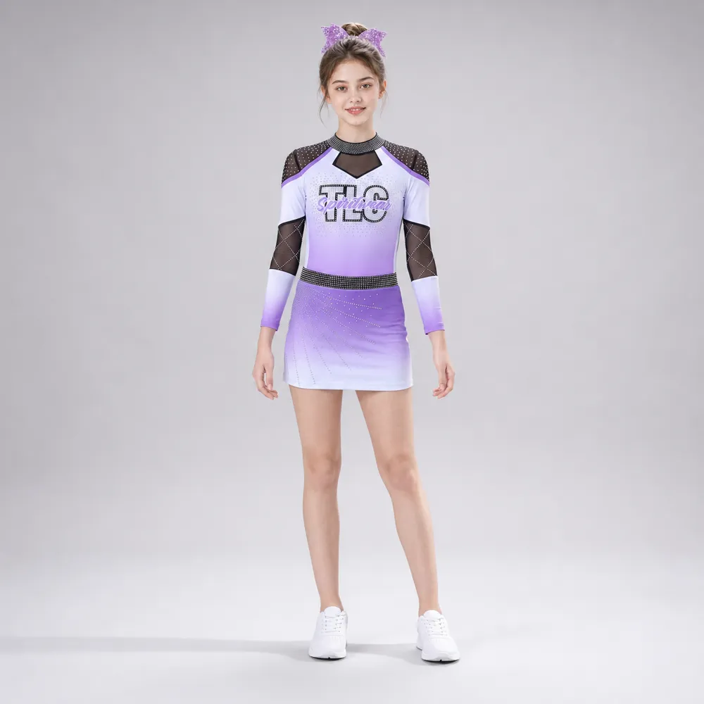 Kids Purple White Rhinestone Cheerleading Uniform Long Sleeve Mesh Dress Competition Performance Wear