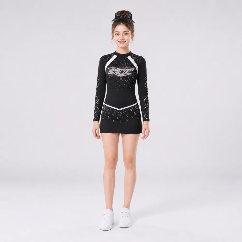 Women's Black White Rhinestone Cheerleading Uniform Long Sleeve Dress Team Competition Performance Wear