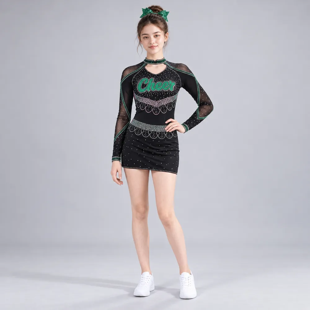 Girls Black Green Rhinestone Cheerleading Dress Long Sleeve Mesh Sparkle Competition Team Uniform