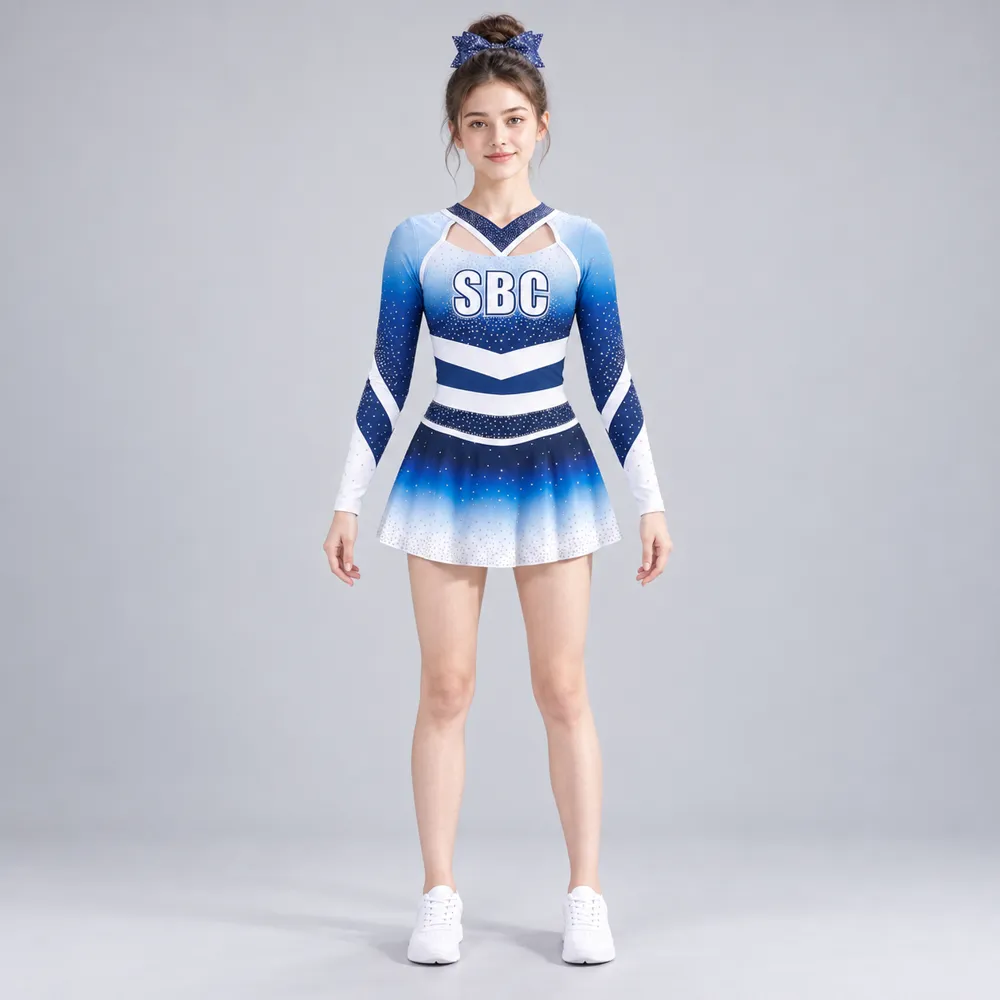 Girls Blue White Rhinestone Cheerleading Uniform Long Sleeve Gradient Crop Top Skirt Competition Team