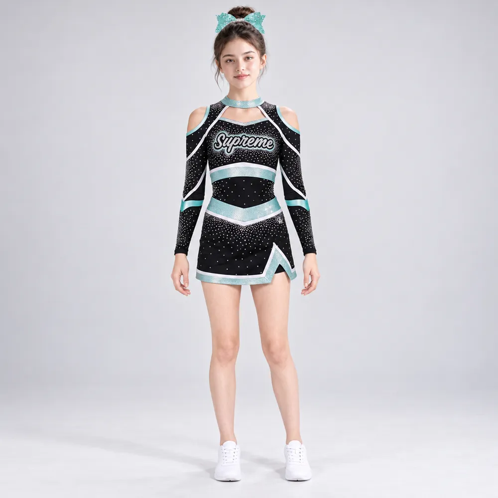 Girls Black Mint Rhinestone Cheerleading Uniform Long Sleeve Cold Shoulder Crop Top Skirt Competition Team
