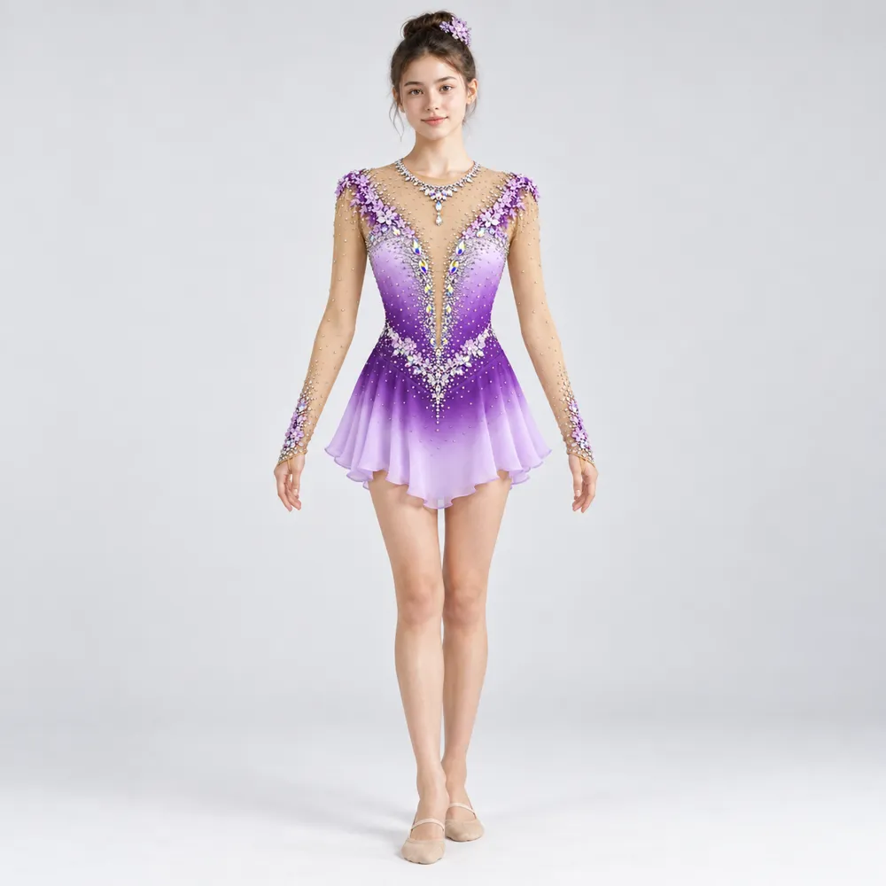 Girls Purple Rhinestone Rhythmic Gymnastics Dress Long Sleeve Nude Mesh Gradient Skirt Competition Leotard