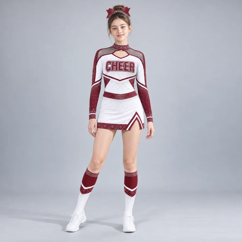 Girls Burgundy White Rhinestone Cheerleading Uniform Long Sleeve Mesh Cutout Top Skirt Competition Team