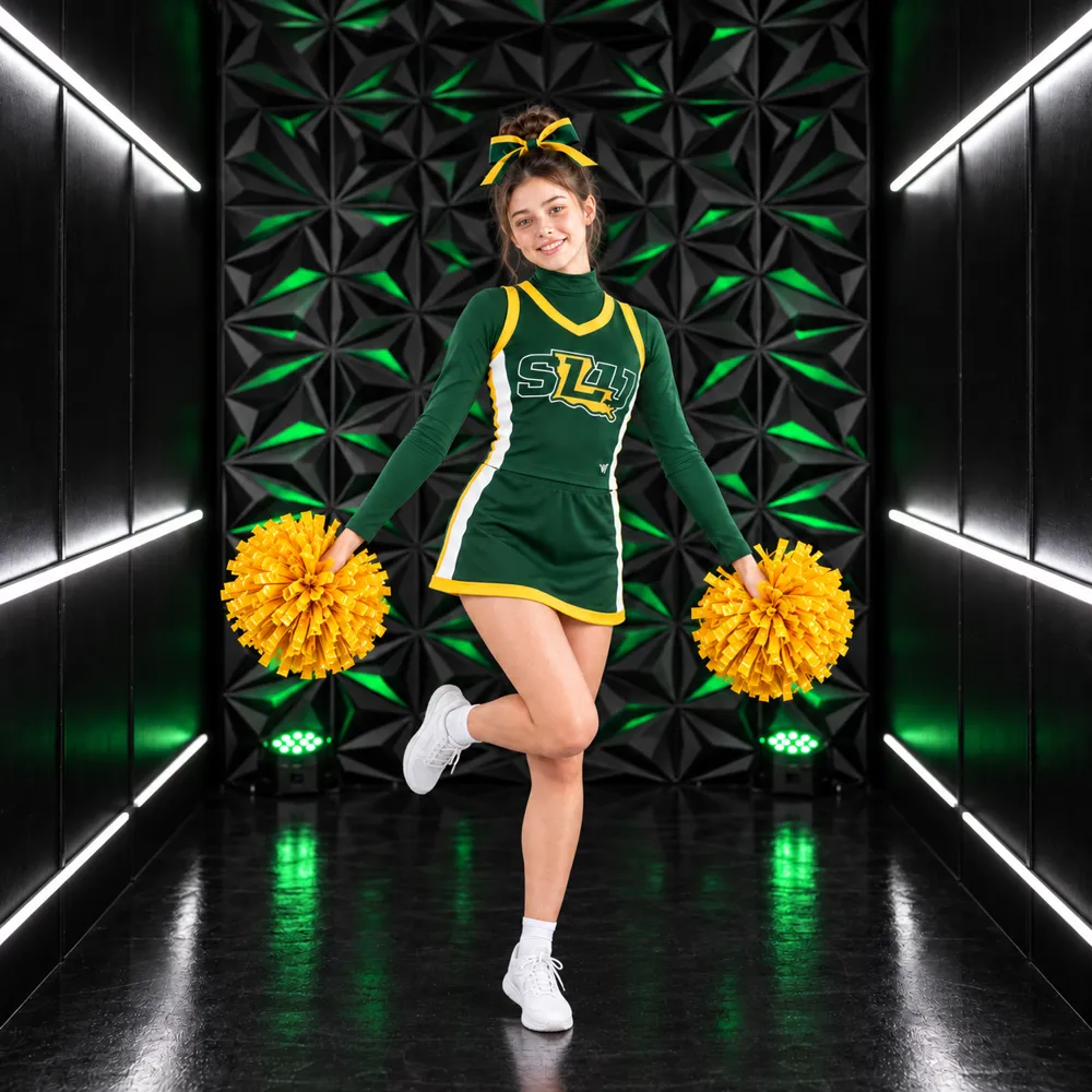 Girls Green Yellow Cheerleading Uniform Long Sleeve Skirt Set Team Competition Performance Outfits